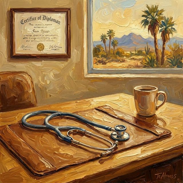 A doctor's desk in Arizona, with a stethoscope, diploma, and desert view through the window (AI-generated illustration)