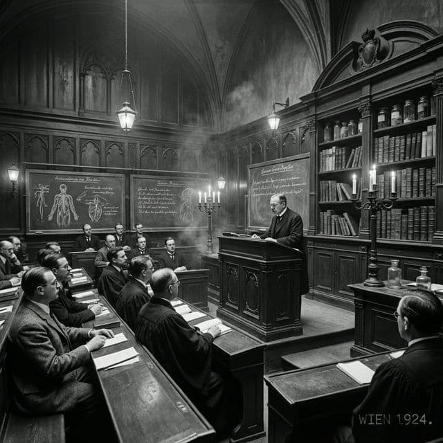 A gothic, wood-paneled lecture hall in the University of Vienna in the 1920s.