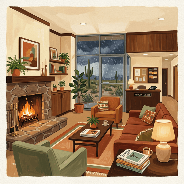 The MomDoc waiting room with its stone hearth fireplace, monsoon rain visible through the windows (gouache illustration)
