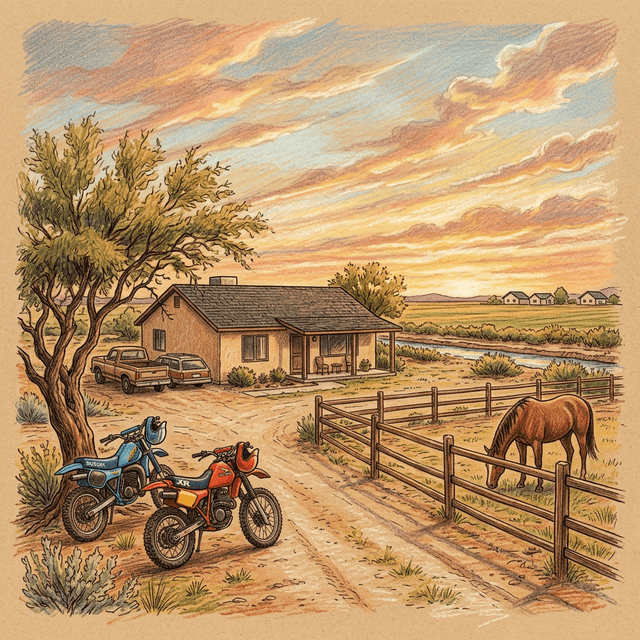 A semi-rural Arizona property at golden hour, dirt bikes and a quarter horse, 1980s (colored pencil illustration)