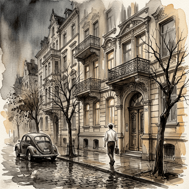 A young missionary approaching a Hamburg apartment building, 1960s (ink wash illustration)