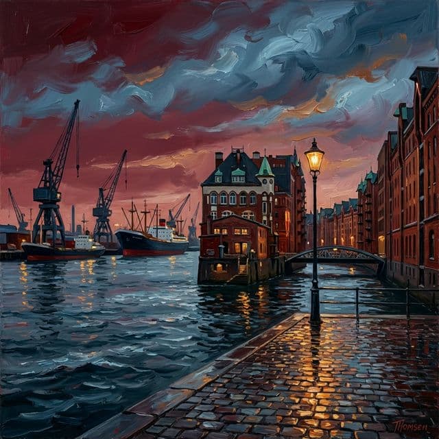 Hamburg harbor at dusk, circa 1960s, with cranes and Speicherstadt warehouses (AI-generated illustration)