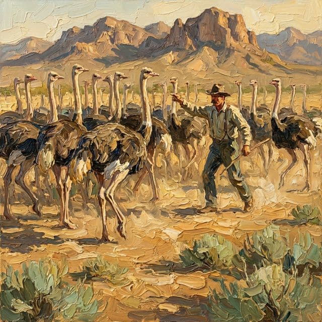 Ostrich ranch in early 1900s Arizona (AI-generated illustration)