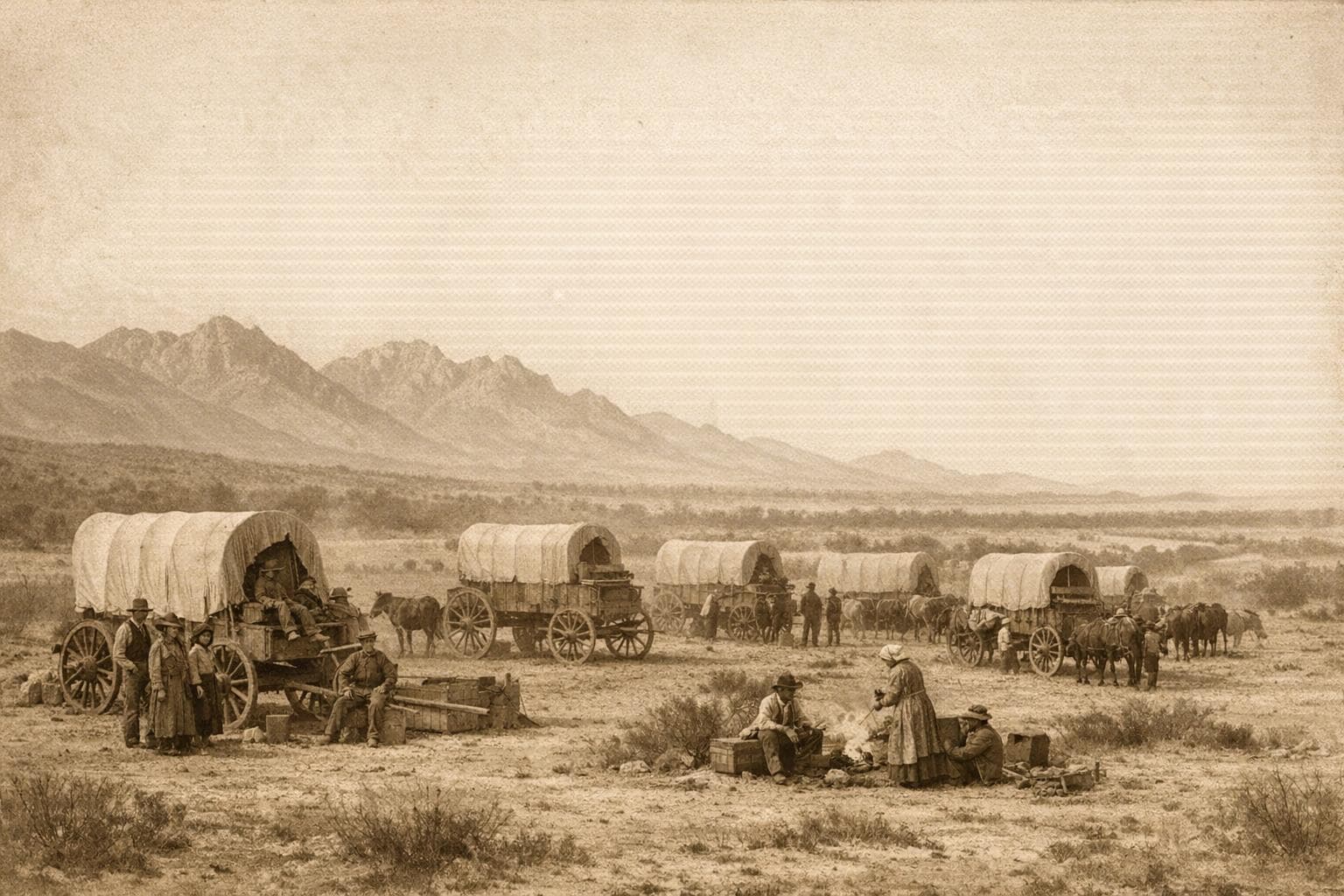 Pioneer wagons near St. David, Arizona (AI-generated illustration)