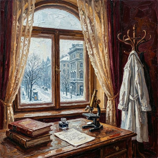 A Viennese medical office circa 1910, with a desk, microscope, and view of the Ringstrasse through a tall window (AI-generated illustration)