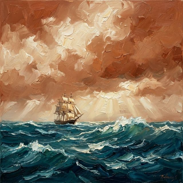 A sailing ship on the open Atlantic Ocean, 1860s, small against enormous waves (AI-generated illustration)