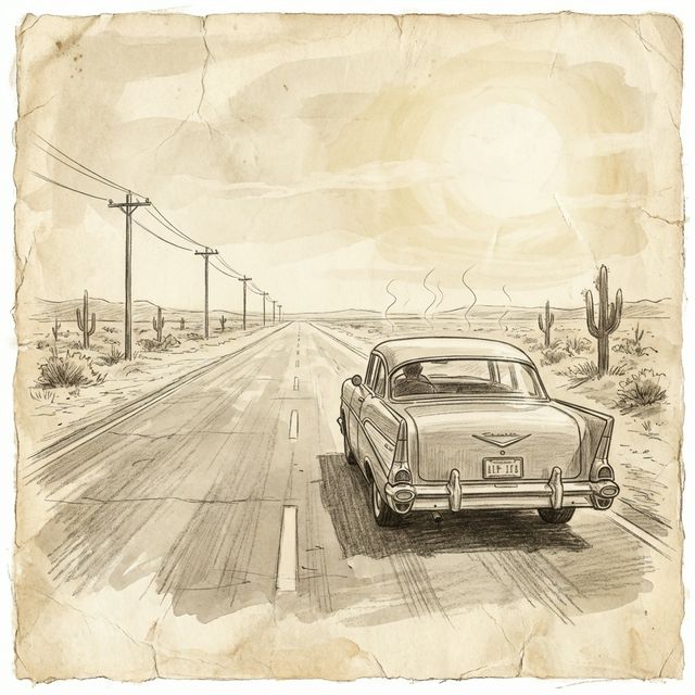 A classic 1940s sedan traversing a two-lane desert highway
