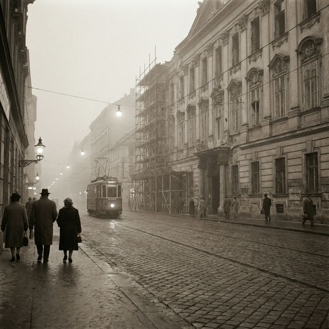 A moody, atmospheric image of post-war Vienna in the 1950s